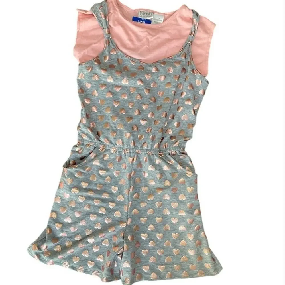 Blush by US Angels Girls Rompers Tops Floral Heart Gray Pink Blue 3 Sets NWT
